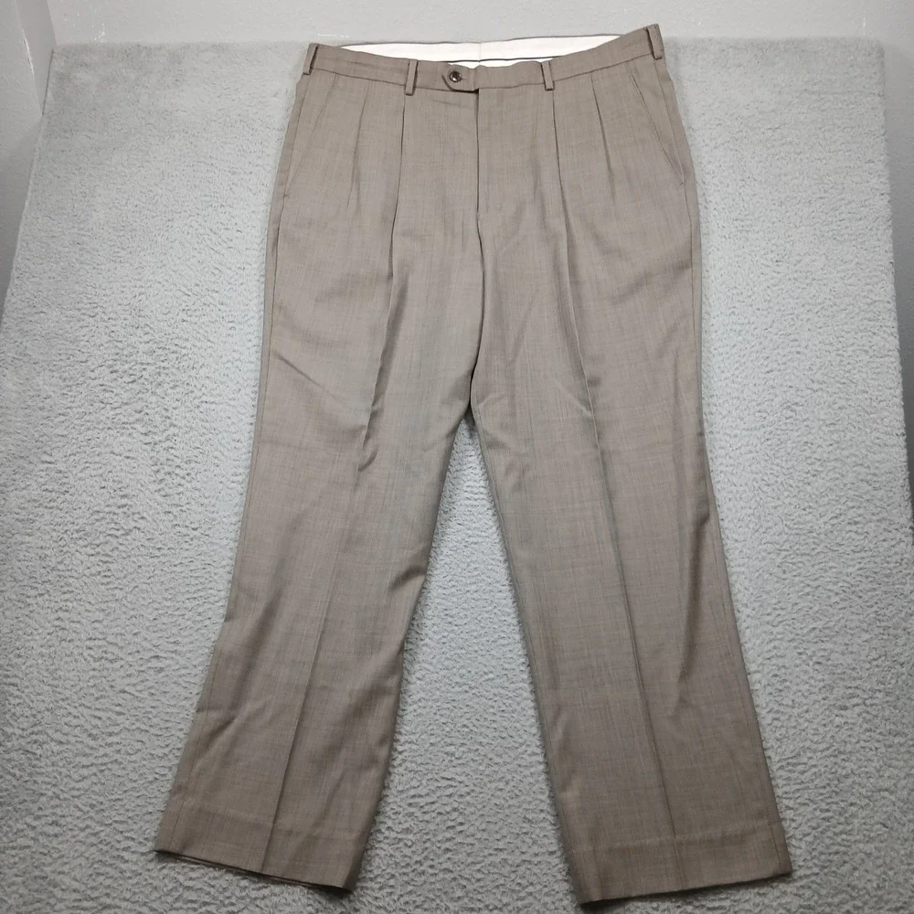 Paul Fredrick Dress Pants‎ Mens 40 Tan Plaid 100% Wool Flat Front Tailored